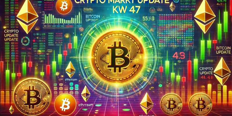 Crypto-Markt Update KW 47: Bitcoin kurz vor 100.000 USD mit farbigem Chart und digitalem Hintergrund, der Marktdynamik und Altcoin-Chancen visualisiert.