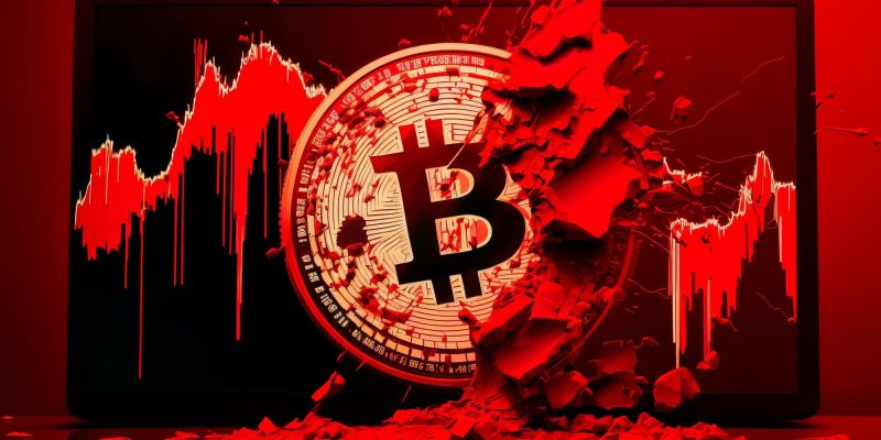 Bitcoin Crash 2025 – Der Kryptomarkt erleidet massive Liquidationen. Ein rotes Chart mit fallendem Bitcoin-Preis und einer zerbrechenden Bitcoin-Münze symbolisiert den Markteinbruch.