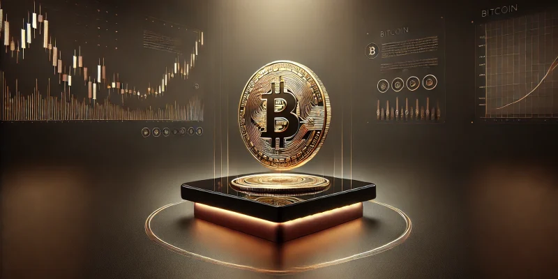 Bitcoin-Münze auf einer digitalen Plattform mit Kurscharts und Datenanalysen, symbolisch für das Crypto-Markt Update KW 2 und globale Krypto-Trends.