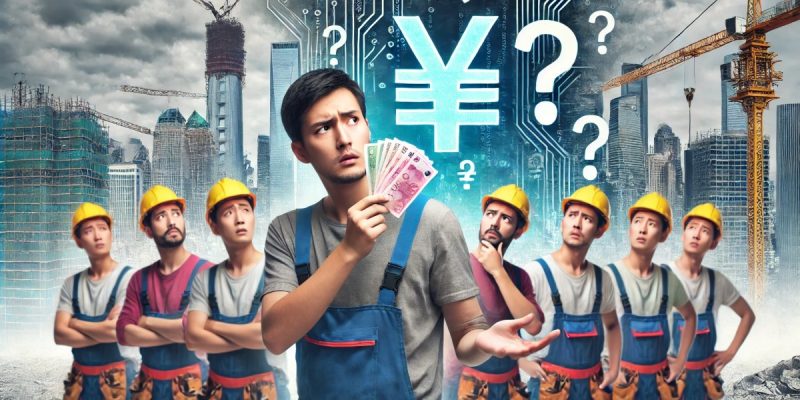 DALL·E 2024-06-28 11.16.00 - A group of Chinese workers holding physical cash in one hand and digital currency symbols (like a digital yuan icon) in the other, looking hesitant or