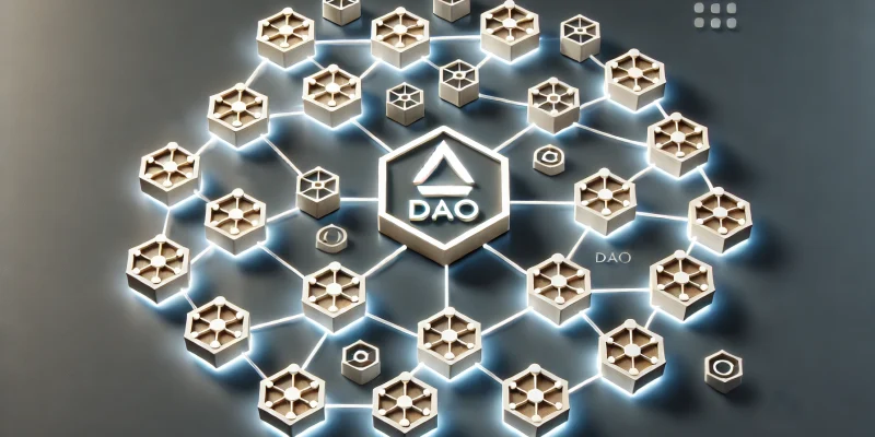 Visualisierung einer DAO (Dezentrale autonome Organisation) mit vernetzten Symbolen, die Blockchain-basierte Entscheidungsstrukturen und Dezentralität darstellen.