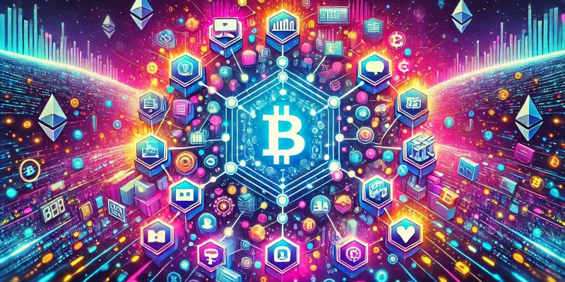 Illustration von Blockchain-Technologie und dezentralen Anwendungen (DApps) mit Symbolen für Kryptowährungen wie Bitcoin und Ethereum.