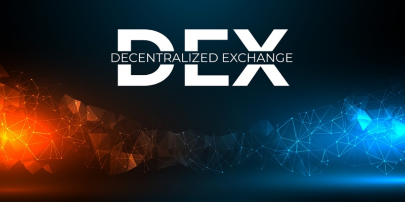 DEX (Decentralized Exchange) Schriftzug mit visualisierten Netzwerken in Blau und Orange, symbolisch für dezentrale Börsen in der Kryptowelt