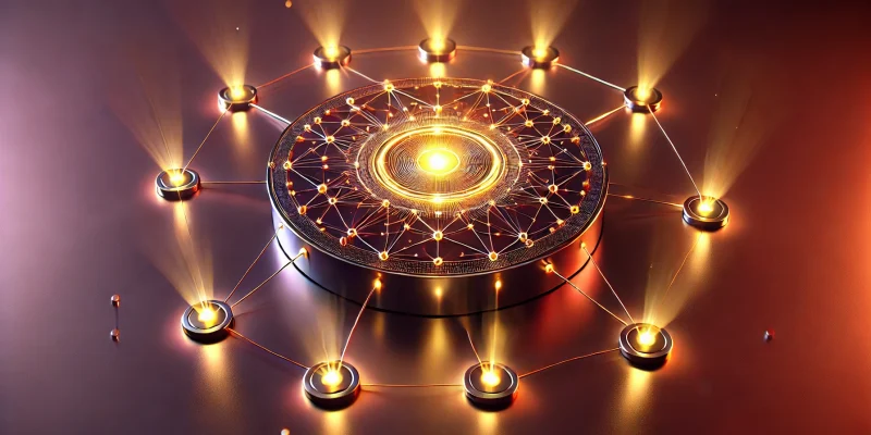 Visualisierung des Delegated Proof of Stake (DPoS)-Konsensmechanismus mit vernetzten Knoten und delegierten Validatoren.