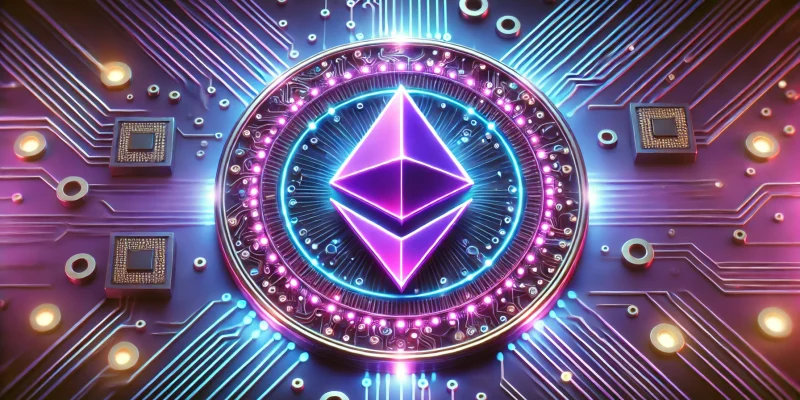 Abstraktes, futuristisches Design des Ethereum-Logos, umgeben von elektronischen Schaltkreisen, das die technologische Grundlage der Smart Contract-Plattform symbolisiert.