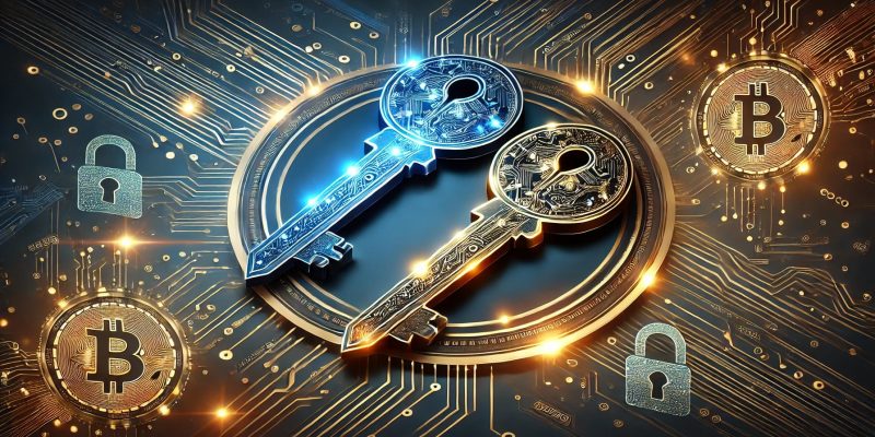 Key-Pairs: Public & Private Keys. Zwei digitale Schlüssel mit Bitcoin-Symbolen und Sicherheitsikonen auf einem futuristischen Blockchain-Hintergrund.