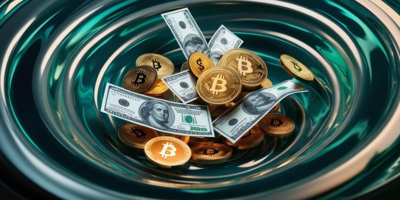 Bitcoin-Münzen und US-Dollar-Scheine in einem visuellen Strudel, symbolisch für Liquidity Providing und Yield Farming in der Kryptowelt.