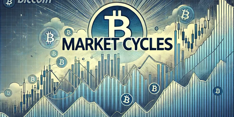 Marktzyklen mit Bitcoin-Logo und Darstellung finanzieller Trends.