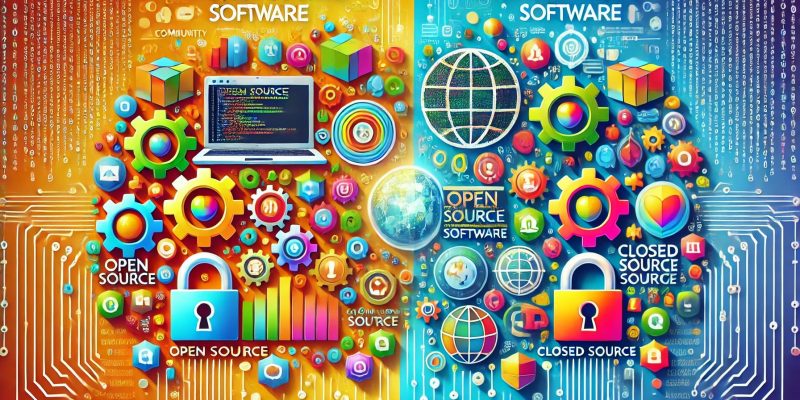 Vergleich Open Source vs Closed Source Software, illustriert durch farbenfrohe Zahnräder, Symbole und ein geteilter Bildschirm. Links wird Open Source mit offenen Schlössern und Gemeinschaftsarbeit dargestellt, während rechts Closed Source durch geschlossene Schlösser und verschlossene Systeme repräsentiert wird.