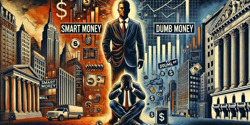 Smart-Money vs. Dumb-Money im Wall-Street-Stil, mit mächtigen Institutionen und verwirrten Investoren.