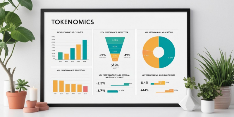 Visualisierung von Tokenomics mit verschiedenen Diagrammen und KPI-Daten zu Token-Verteilung, Nutzung und wirtschaftlichen Modellen in Blockchain-Projekten.