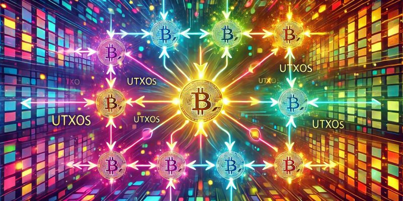 Visualisierung von Bitcoin-UTXOs und Transaktionsströmen in einer Blockchain, die das UTXO-Modell illustri