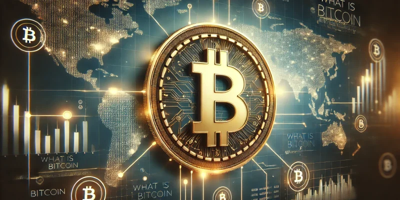 Was ist Bitcoin? Goldenes Bitcoin-Symbol auf einem futuristischen digitalen Hintergrund mit Blockchain-Verbindungen und Datenknoten.