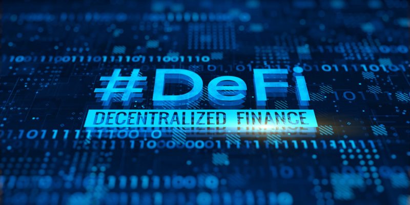 DeFi - Decentralized Finance Konzept auf einer digitalen Blockchain-Oberfläche