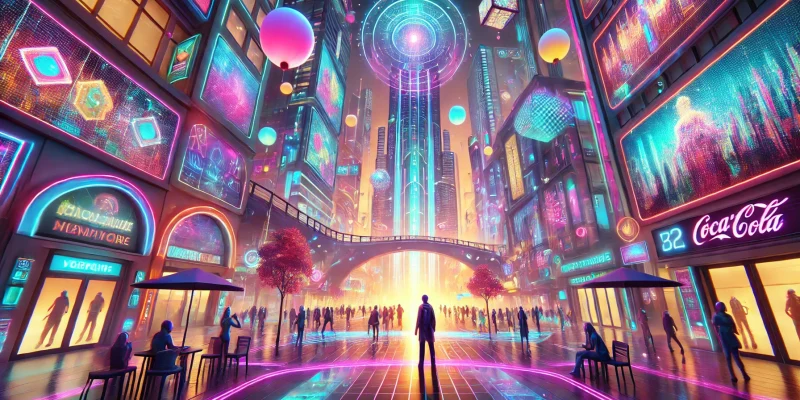 Metaverse Stadt mit futuristischen Neonlichtern, virtuellen Schaufenstern und Avataren in einer digitalen Welt. Darstellung der Chancen im Metaverse