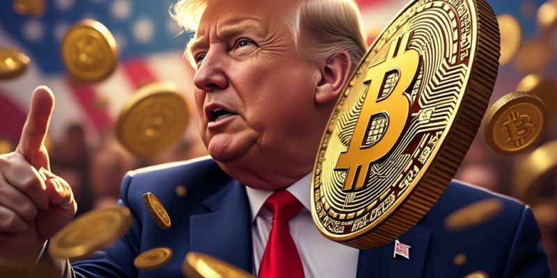 Donald Trump bei seiner Inauguration vor einer wehenden amerikanischen Flagge, umgeben von schwebenden goldenen Bitcoin-Münzen. Eine große Bitcoin-Münze ist im Vordergrund hervorgehoben, was den Krypto-Boom betont.