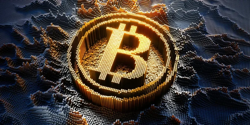 Bitcoin-Symbol in einer dreidimensionalen digitalen Landschaft, dargestellt in goldenen und blauen Farben, als Symbol für Kryptowährung und Blockchain-Technologie.